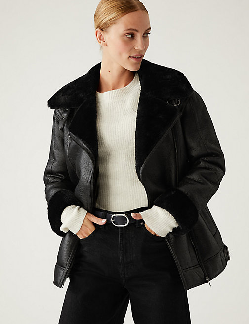 Marks And Spencer Womens M&S Collection Faux Shearling Aviator Jacket - Black, Black
