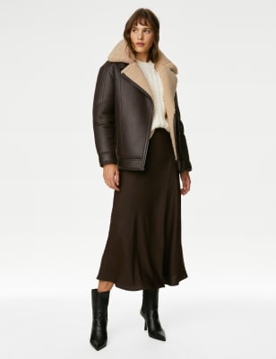 Faux Shearling Borg Lined Aviator Jacket - AT