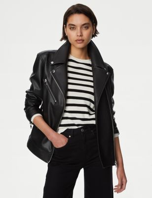 M&S Womens Faux Leather Girlfriend Biker Jacket - 16 - Black, Black