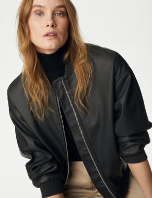 M&S Womens Faux Leather Relaxed Bomber Jacket - 16 - Black, Black