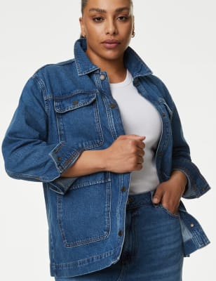 M&S Women's Pure Cotton Denim Relaxed Utility Jacket - 8 - Medium Indigo, Medium Indigo