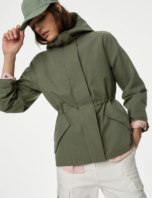 M&S Women's Stormwear Hooded Rain Jacket with Cotton - 6 - Hunter Green, Hunter Green,Buff