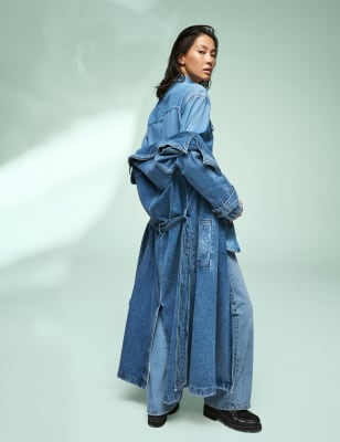 Katoenrijke denim trenchcoat met ceintuur - NL