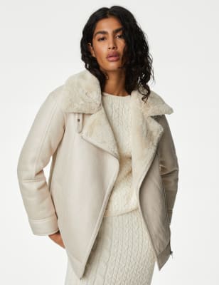 

Womens M&S Collection Faux Shearling Aviator Jacket - Beige, Beige