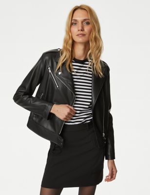 M&S Womens Faux Leather Biker Jacket - 16 - Black, Black,Soft Green