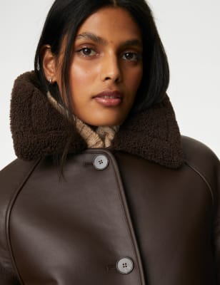 Faux Leather Borg Lined Collared Coat