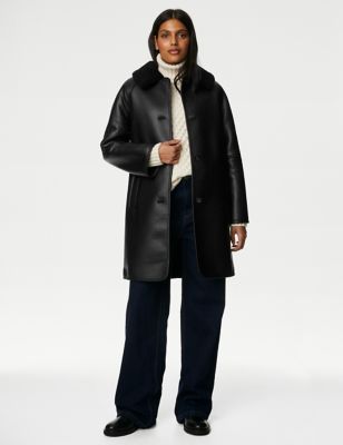 Faux Leather Borg Lined Collared Coat
