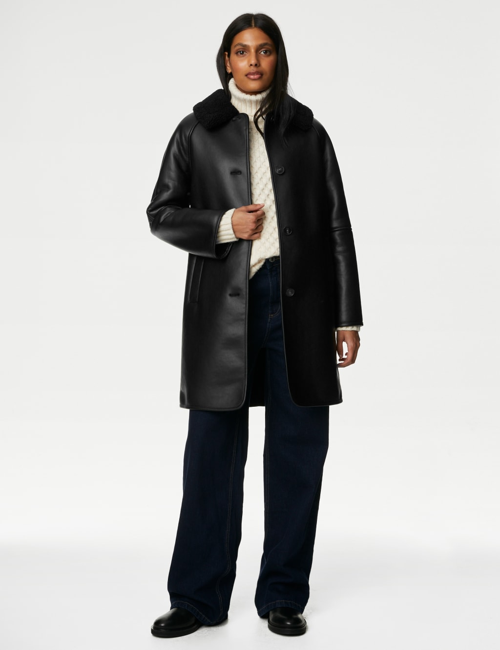 Faux Leather Borg Lined Collared Coat image 1