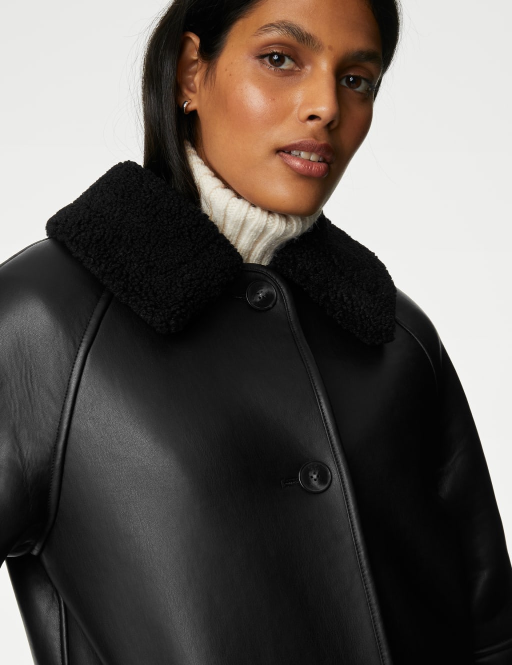 Faux Leather Borg Lined Collared Coat image 3