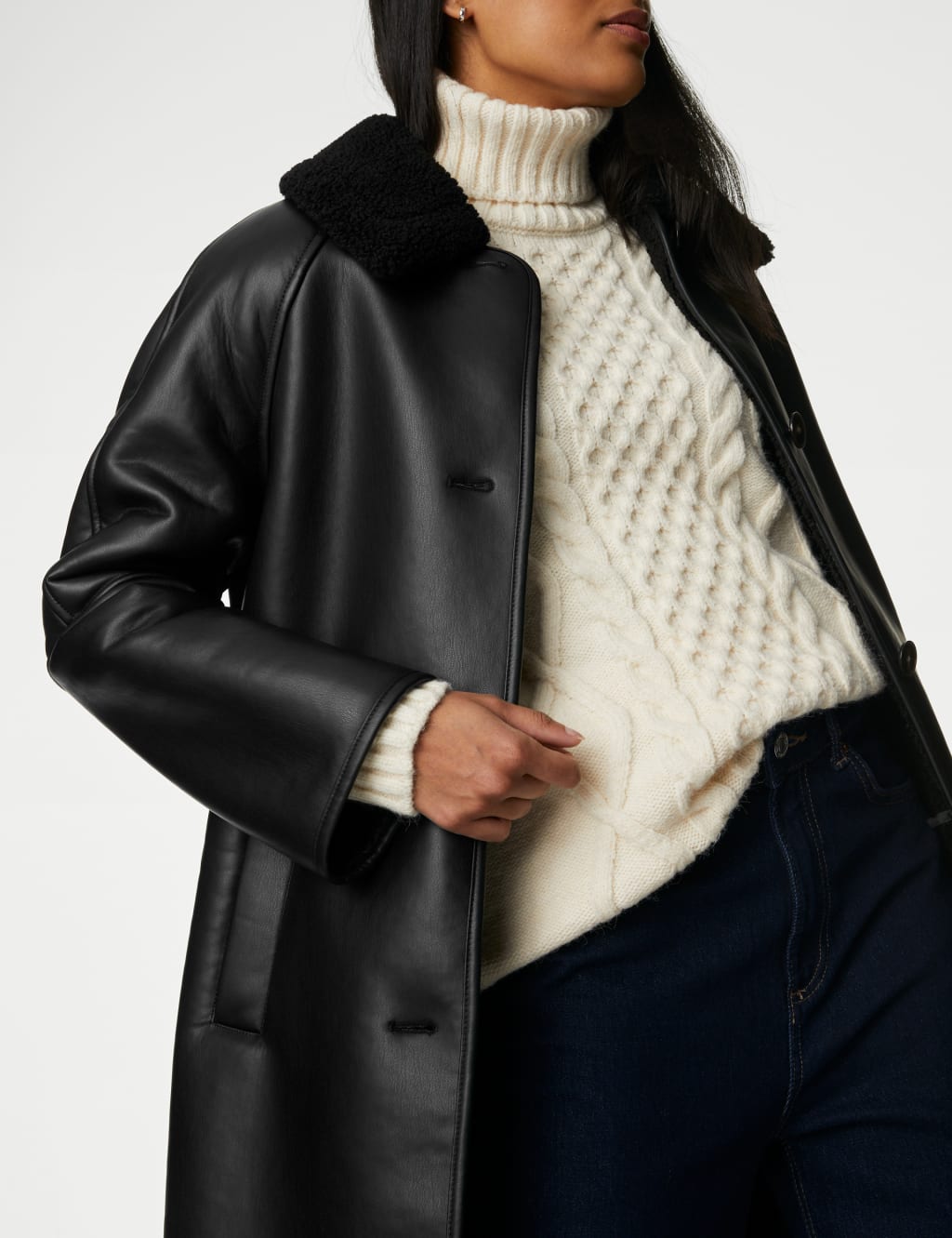 Faux Leather Borg Lined Collared Coat image 4