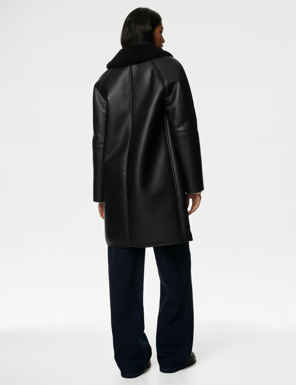 Faux Leather Borg Lined Collared Coat image 5