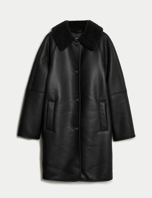 Faux Leather Borg Lined Collared Coat