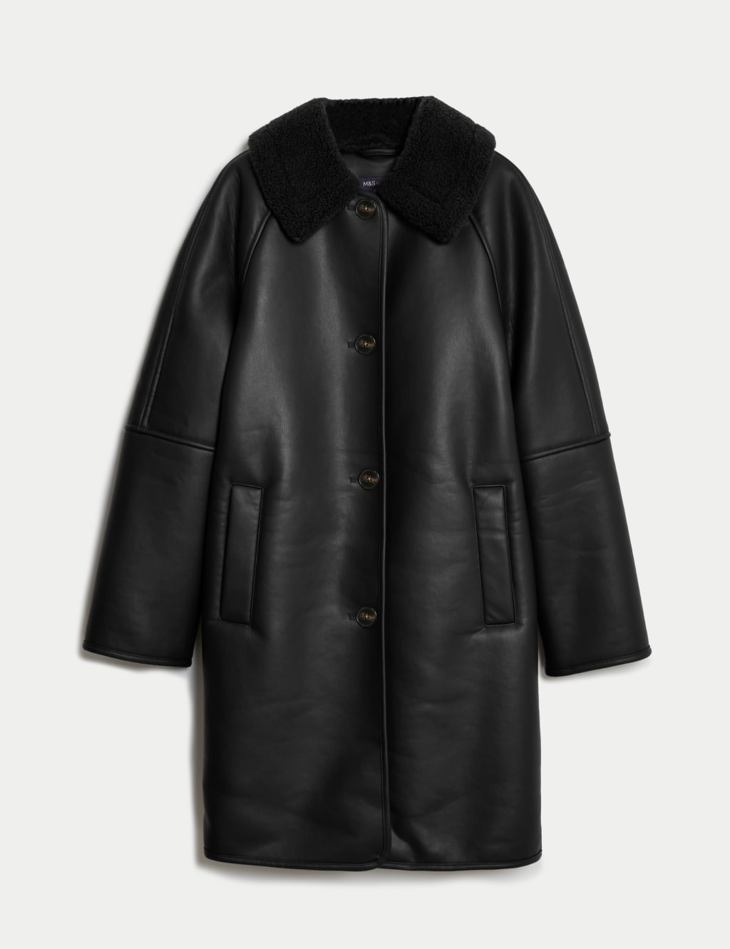 Faux Leather Borg Lined Collared Coat image 2