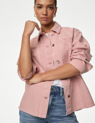 M&S Womens Pure Cotton Denim Relaxed Shacket - XL - Pink Shell, Pink Shell,Iris