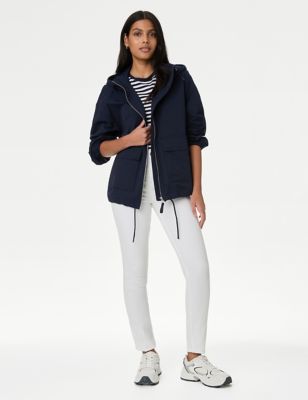 M&S Womens Cotton Rich Hooded Cropped Rain Jacket - M - Midnight Navy, Midnight Navy,Light Natural