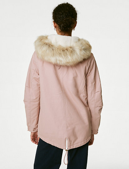 Cotton Rich Hooded Borg Lined Parka Coat