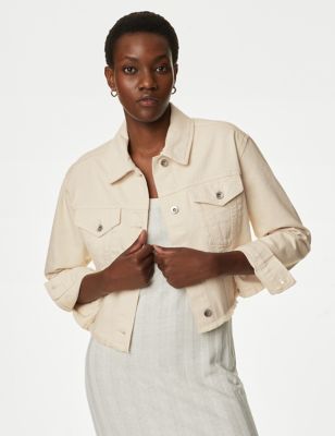 M&S Women's Denim Cropped Jacket - 6 - Ecru, Ecru