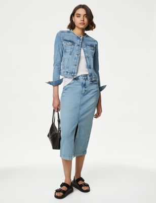 M&S Women's Cotton Rich Collarless Denim Jacket - 6 - Medium Indigo, Medium Indigo