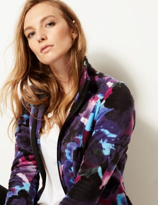 Floral Print Funnel Neck Fleece Jacket M S JE