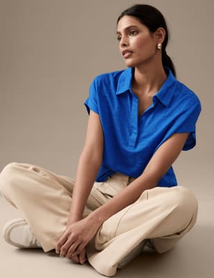 

Autograph Top de manga corta 100% lino con cuelloWomens - Royal Blue, Royal Blue