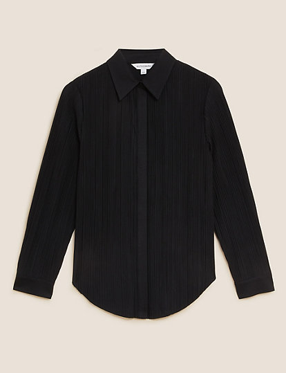 Jersey Plisse Collared Relaxed Shirt