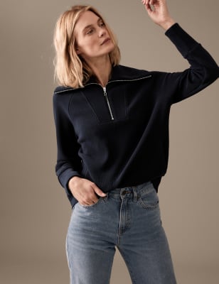 

Womens Autograph Sweatshirt aus Baumwollmischung mit Rippenmuster und Reißverschluss - Dark Navy, Dark Navy
