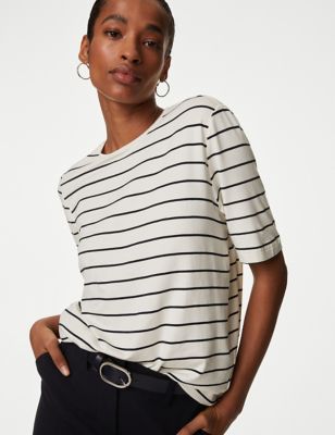 Autograph Womens Jersey Striped Round Neck Relaxed T-Shirt - 24 - Navy Mix, Navy Mix