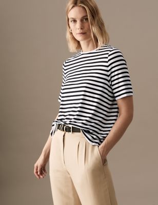 Jersey Striped Round Neck Relaxed T-Shirt