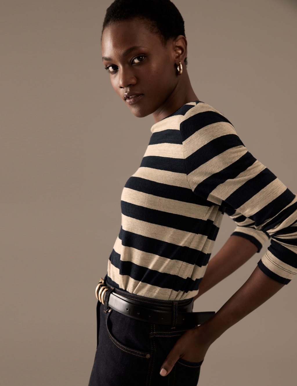 Pure Linen Striped Round Neck Top image 1