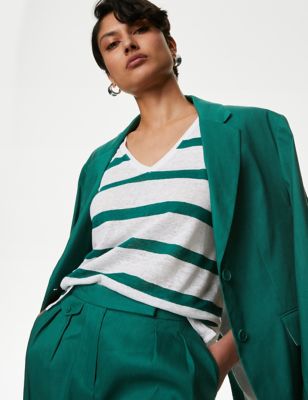 Autograph Womens Pure Linen Striped T-Shirt - 8 - Green Mix, Green Mix