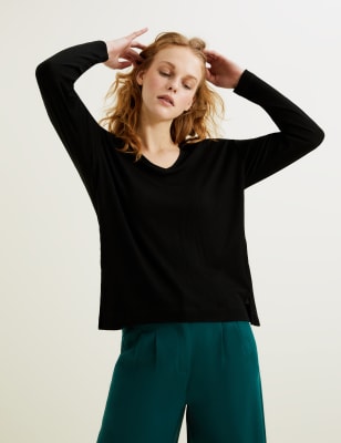 

Womens Autograph Lang geschnittenes Oberteil aus reinem Tencel™ mit Rippenmuster und V-Ausschnitt - Black, Black