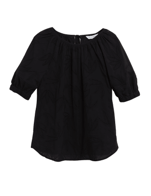 

Autograph Top 100% algodón de manga abullonada con bordadoWomens - Black, Black