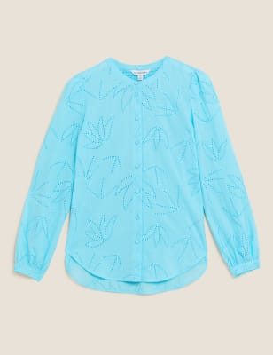 

Womens Autograph Pure Cotton Broderie Collarless Blouse - Bright Turquoise, Bright Turquoise