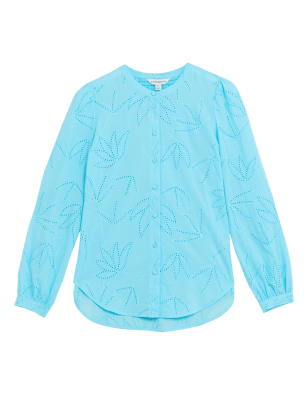 

Womens Autograph Pure Cotton Broderie Collarless Blouse - Bright Turquoise, Bright Turquoise