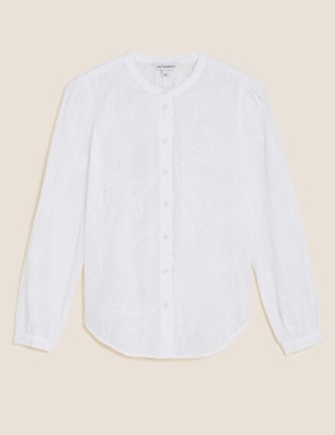 

Womens Autograph Pure Cotton Broderie Collarless Blouse - Soft White, Soft White