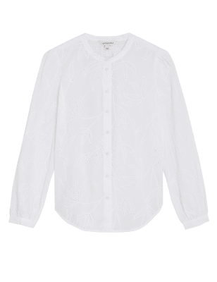 

Womens Autograph Pure Cotton Broderie Collarless Blouse - Soft White, Soft White