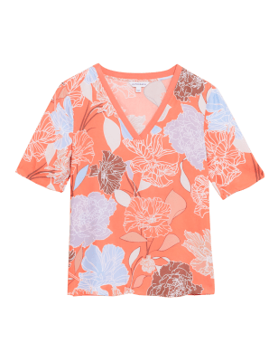 

Womens Autograph Cupro Rich Floral V-Neck Popover Blouse - Coral Mix, Coral Mix