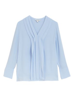 

Womens Autograph Pleated V-Neck Long Sleeve Blouse - Chambray, Chambray