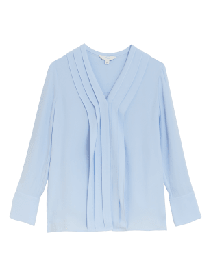 

Womens Autograph Pleated V-Neck Long Sleeve Blouse - Chambray, Chambray