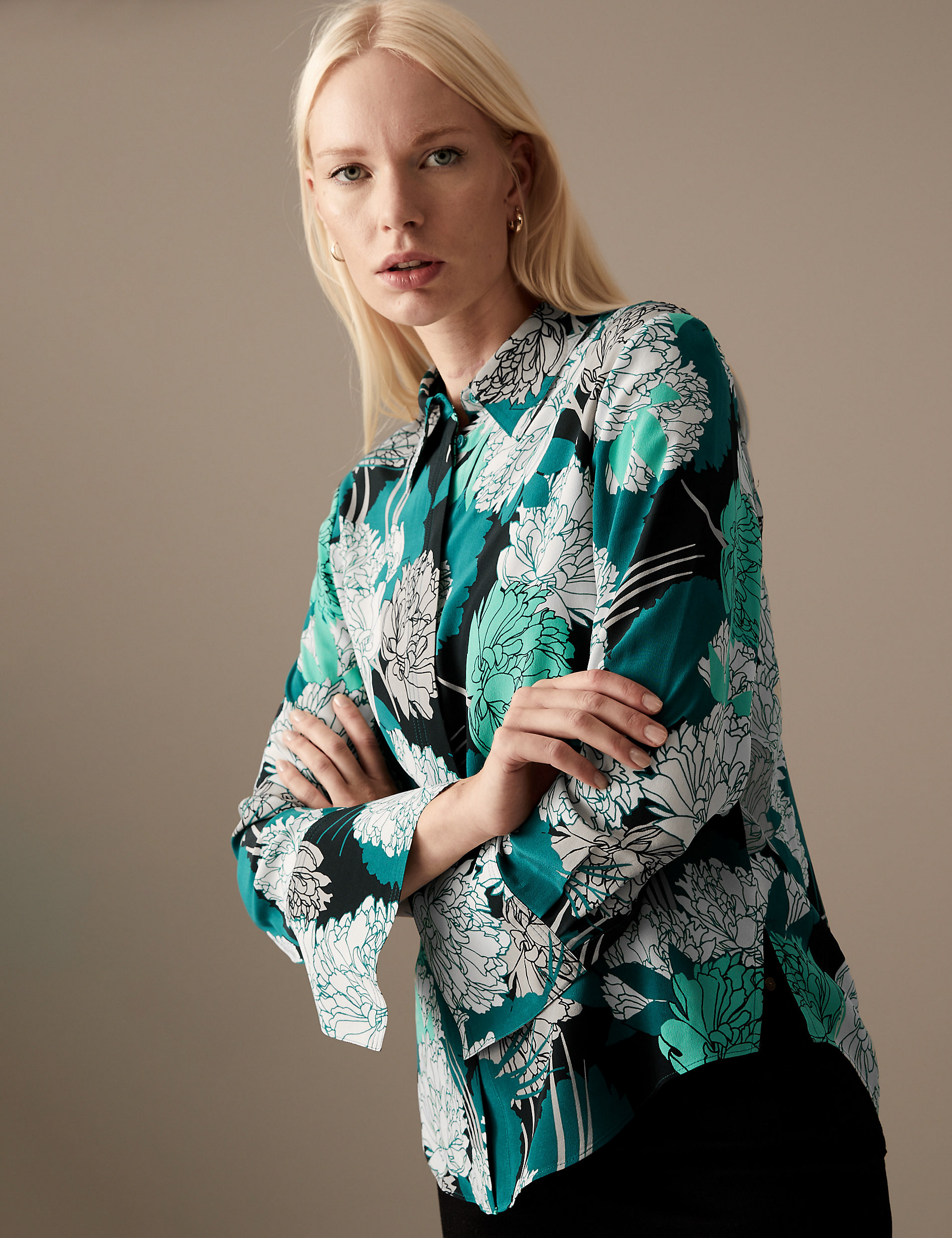 Pure Silk Floral Collared Long Sleeve Shirt