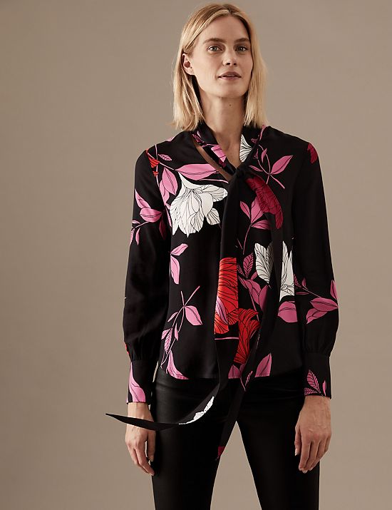 Floral Scarf Neck Long Sleeve Blouse