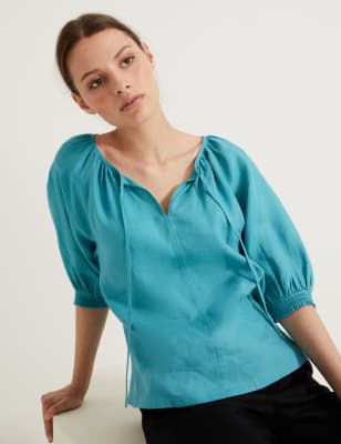 

Autograph Blusa con lazo en el cuello 100% lino irlandésWomens - Aqua, Aqua