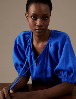 

Autograph Blusa con lazo en el cuello 100% lino irlandésWomens - Royal Blue, Royal Blue