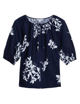 

Autograph Blusa floral 100% lino irlandés de manga abullonadaWomens - Navy Mix, Navy Mix