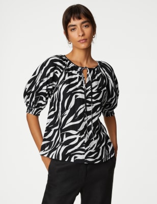 

Womens Autograph Pure Irish Linen Floral Puff Sleeve Blouse - Dark Navy Mix, Dark Navy Mix