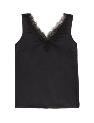 

Autograph Top sin mangas 100% seda de escote en pico con detalle de encajeWomens - Black/Black, Black/Black