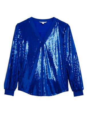 

Womens Autograph Sequin V-Neck Long Sleeve Popover Blouse - Blue Mix, Blue Mix