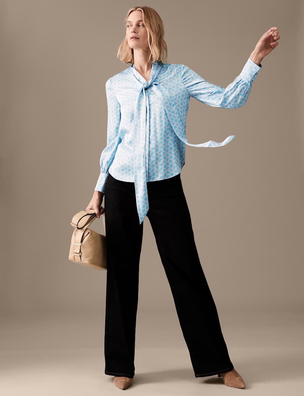 Satin Printed Scarf Neck Long Sleeve Blouse image 6