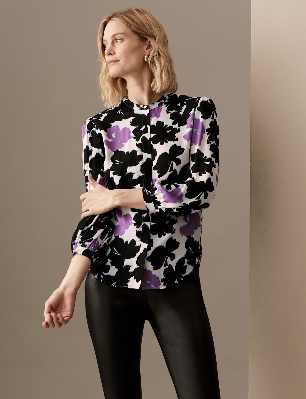 Floral Collarless Long Sleeve Blouse image 3