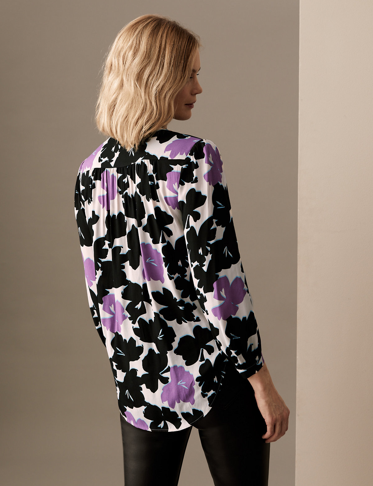 Floral Collarless Long Sleeve Blouse